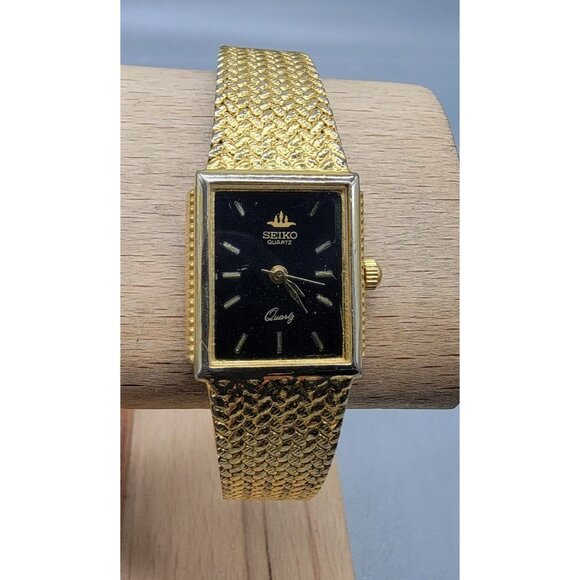 Seiko Galaxy Ladies Tank Watch VTG 1992 Gold Plated Black Dial 20mm 6" Mesh Band - Picture 4 of 16